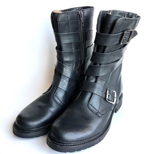 Frye Veronica Tanker Belted Black Leather Boots